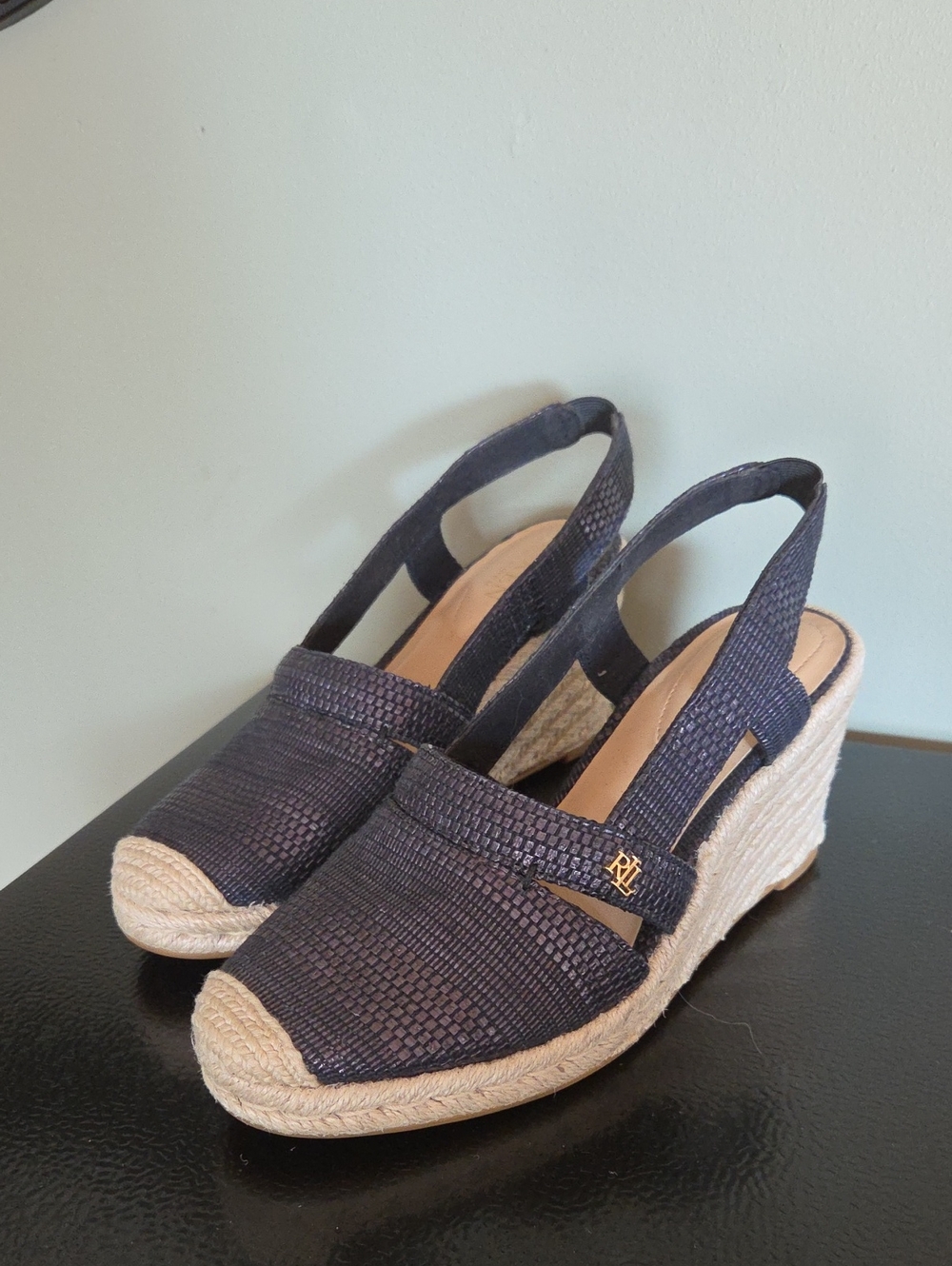Ralph Lauren Woven Navy Espadrille Wedge Slingback Shoes Sz 7.5